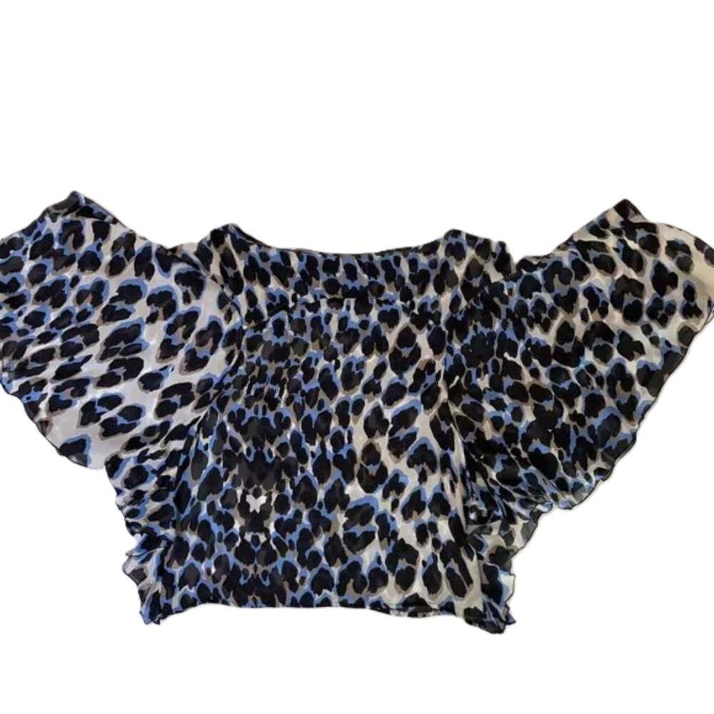 Robert Cavalli Blue Black Leopard Print Silk Blouse Bell Sleeve Sheer Size XS - Picture 8 of 13